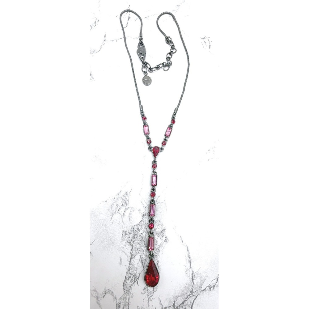 Givenchy Red Pink Glass Y Necklace Gunmetal Signed Designer Watch VIDEO - Picture 6 of 10